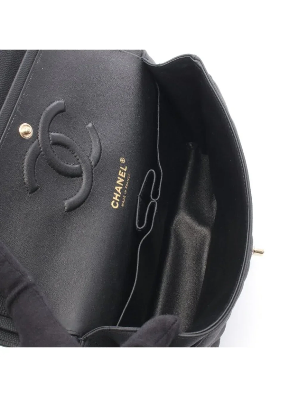 Chanel Shoulder Bag Chevron Stitch Double Flap Black Caviar Leather Chain